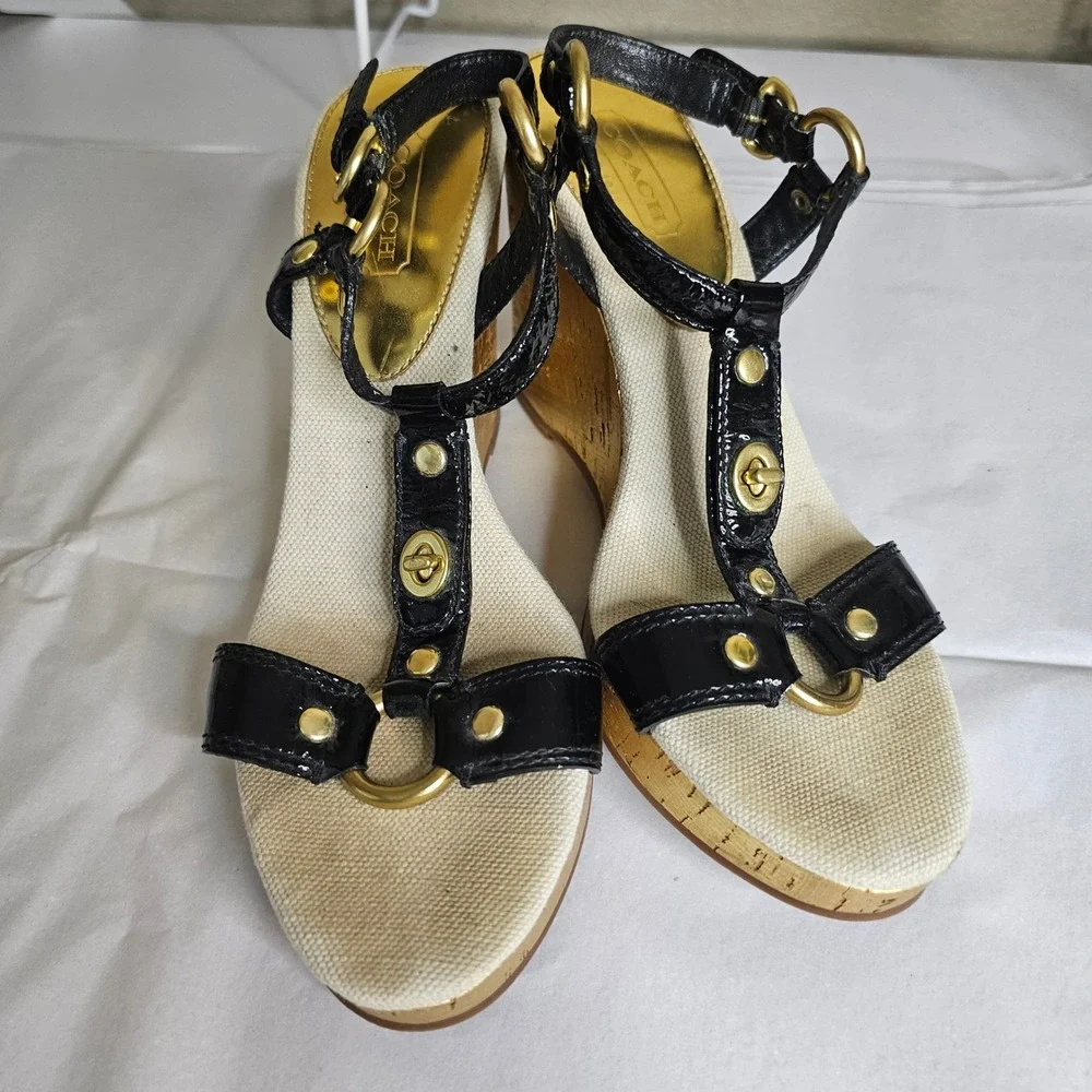 Coach Mercy Black Patent Leather Gold Metallic Cork Wedge Sandals Womens 8.5